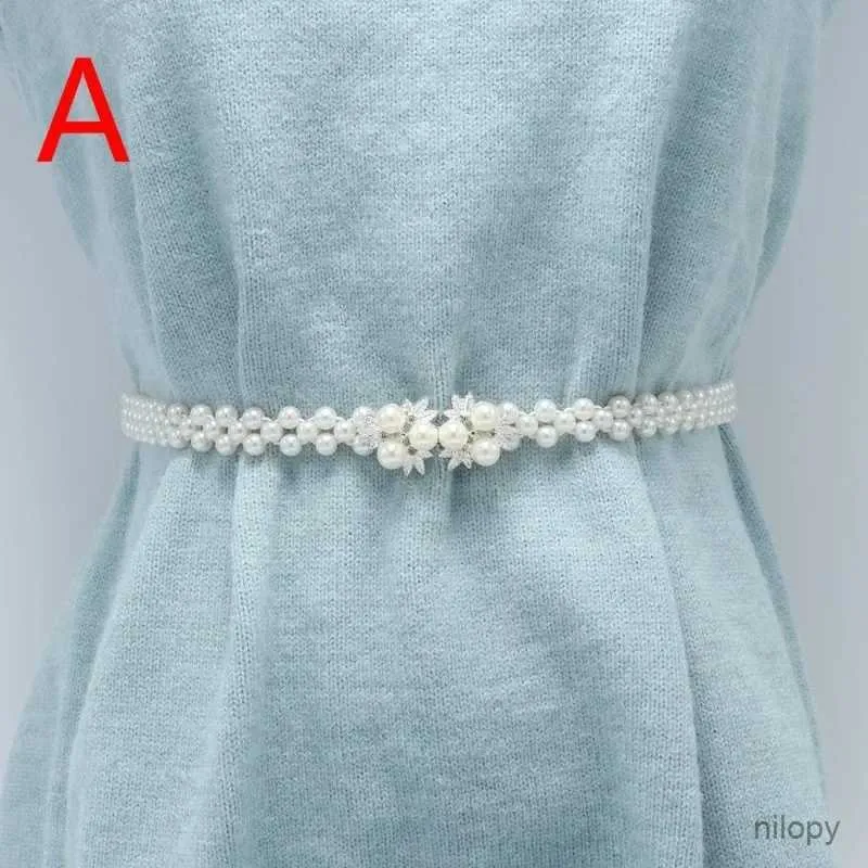 Waist Chain Belts Womens Pearl Waist Chain Korean Edition Water Diamond Pearl Decoration Belt Fashionable and Sweet Elegant Dress Elastic Belt