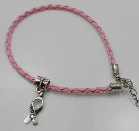 Strands 50pcs spera che il carcinoma mammario consapevolezza del nastro fascino a sospensione in pelle cuoio bracciale cham per bracciale europeo artigianato fatto a mano