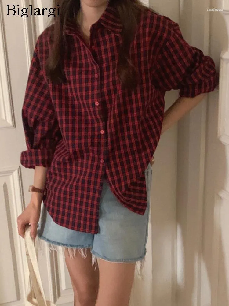 Damesblouses zomer gestreepte geruite print shirts tops vrouwen lange mouw mode casual dames Koreaanse stijl losse geplooide vrouw