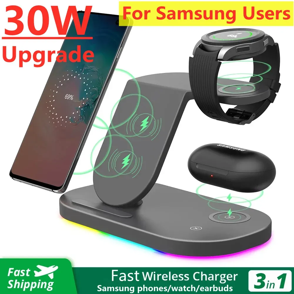 Chargers 30W 3 en 1 chargeur sans fil stand de charge de charge de charge rapide pour Samsung Z Fold 3 S22 S21 Galaxy Watch 5 4 3 Buds actifs 2 S3