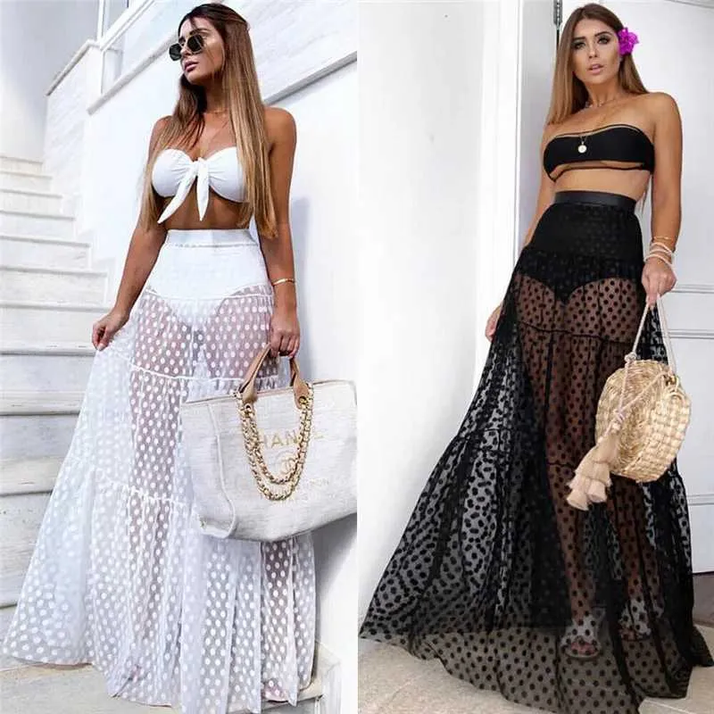 Swim Wear Summer Swimwear Women Maxi Skirt See Through Polka Dot Pieted Swimsuit Bikini Cover Up Waist Elastic Waist Gonne 240423 240423