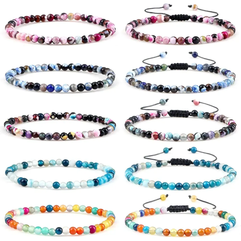 Strands Adjustable Natural Stone Mini 4mm Agate Beads Bracelets for Women Men Charm Colorful Braided Elastic Bracelet Yoga Jewelry Gifts