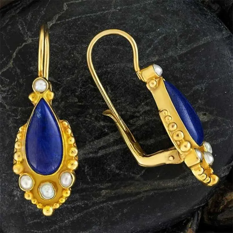 Dangle Chandelier Luxury Oval Geometry Earrings for Women Gold Color Imitation Pearl Blue Stone Metal Hook Jewelry H240423