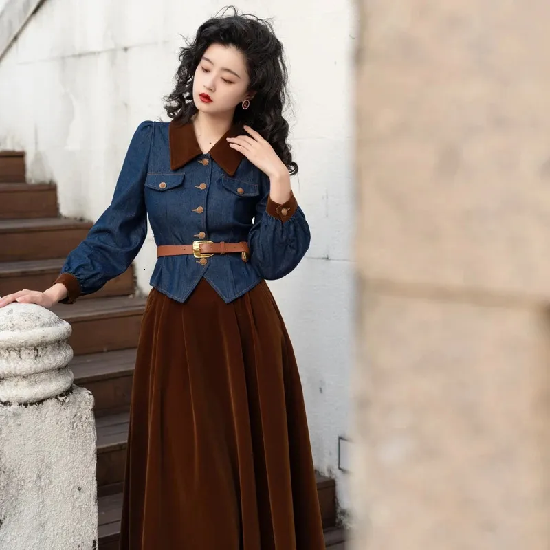 velvet dress and denim jacket Red crushed velvet dress with acid was jean jacket and pouch necklace