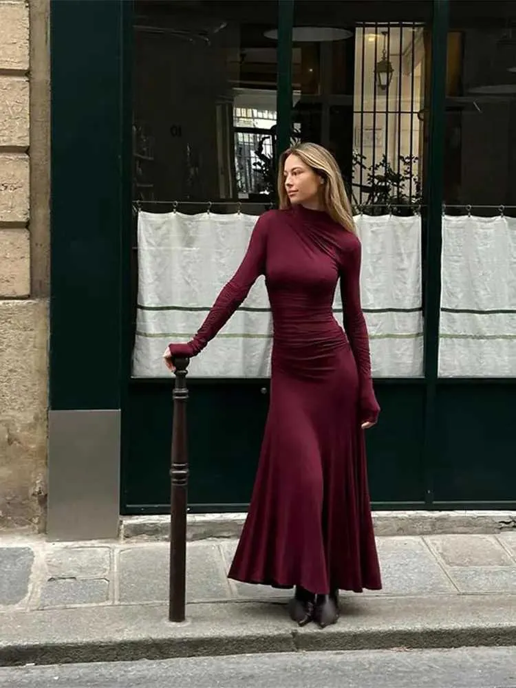 long sleeve tight burgundy dress Elegant Solid Color Maxi Dress, Party Gown old money outfits female