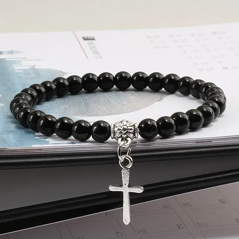 Strands 6mm Boho Natural Blue Beads Bracelet Men Cross Pendant Black Volcanic Stone Strand Bracelets for Women Charm Fashion Jewelry