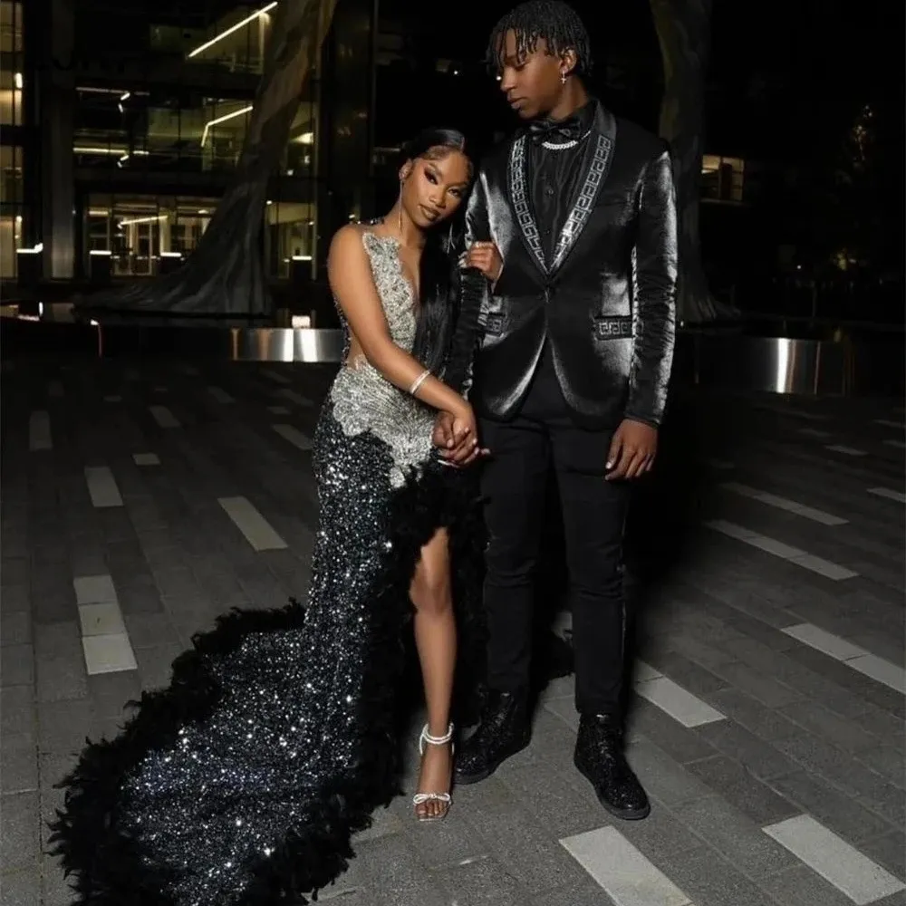 Glitterblack Sequin Feathers Prom Dress For Black Girls Applique Beading Rainstones Formal Party Gown Robe De Soiree