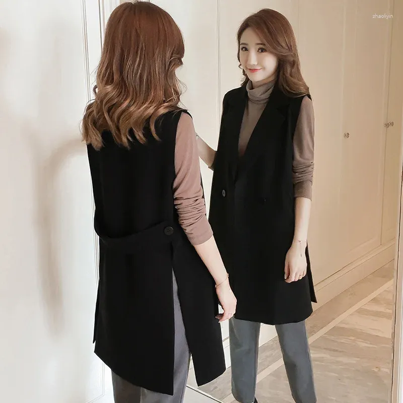 Женские жилеты весенний жилет элегантный черный рукавиц корейский модный сплит длинное пальто Женское сплошное кардиган