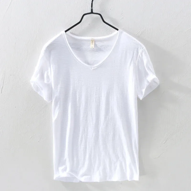 Summer 100% Cotton T-shirt Men V-neck Solid Color Casual T Shirt Basic Tees Plus Size Short Sleeve Tops Y2449 240420