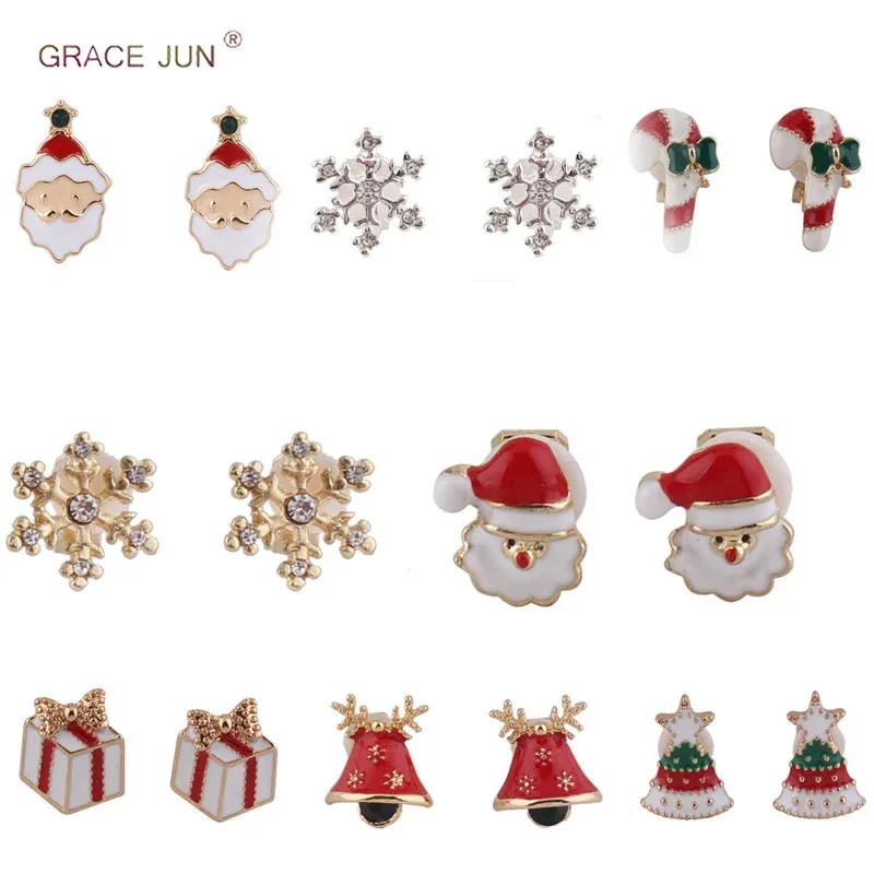 Örhängen Grace Jun Ny ankomst Julserie Santa Claus Deer Snowflake Tree Clip på örhängen Ingen genomborrad för Women Girl Ear Clip