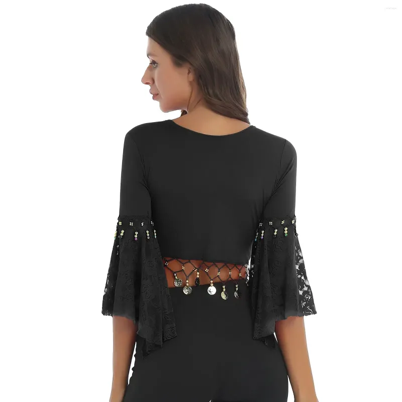 Zużycie sceniczne Tiaobug Koronki Patchwork trzy ćwierćbłonne rękaw z koralika Tassel koronkowy szal z uprawy tops Cardigan Belly Dance Kostium tańca