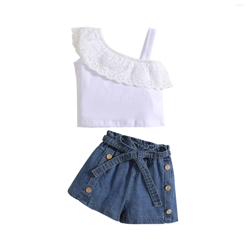 Zestawy odzieży Dziewczyny Dziewczęta letnie rękawe koronkowe topy szorty Pasek 3PCS stroje Zestaw ubrania dla dzieci w wieku 3 miesięcy