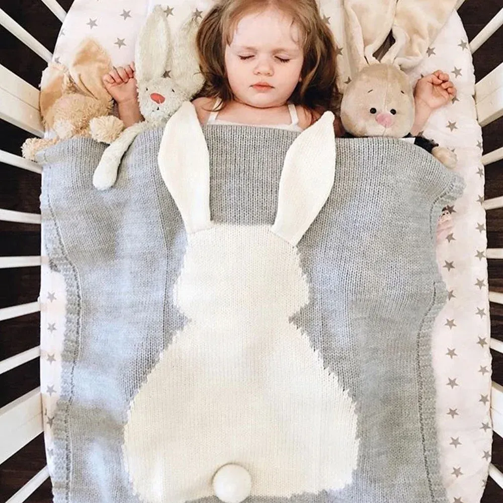 sets Baby Blanket Cute Rabbit Animals Pattern Stroller Soft Warm Knitted Swaddle Bath Towel Toddler Bedding Light Weight Design