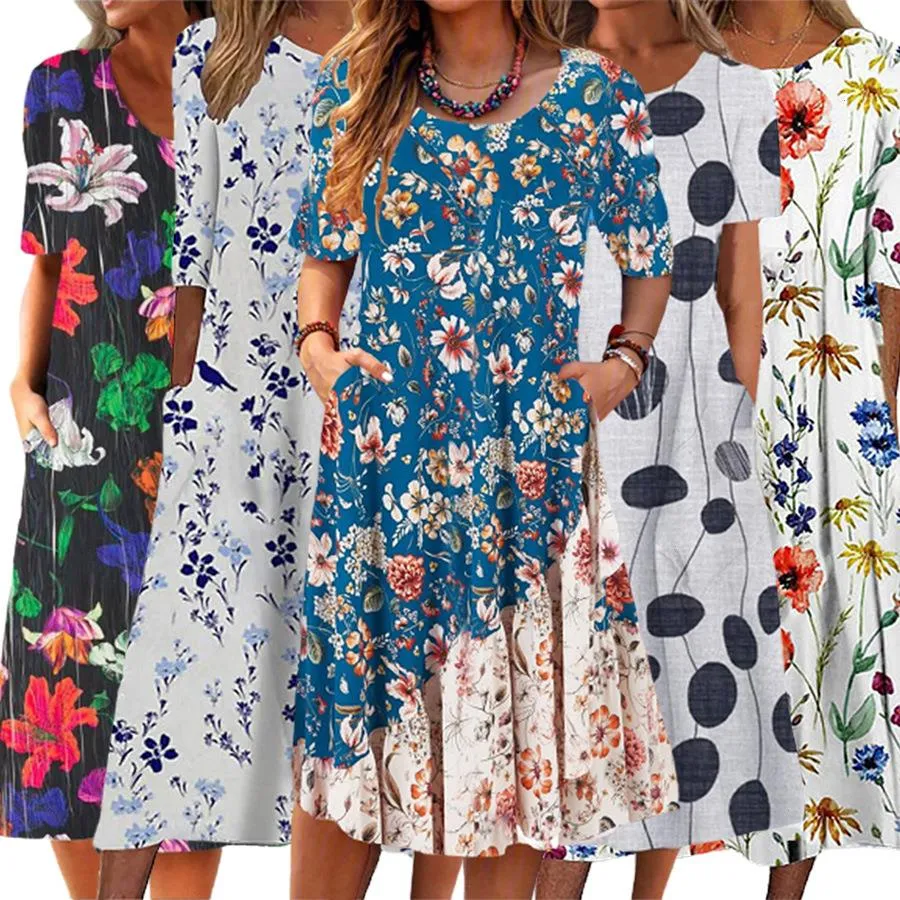 Summer Casual Womens Dress Round Neck Printed Temperament Elegant Pocket 1117
