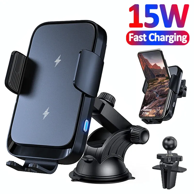 Laddare 15W Wireless Car Charger Dual Coil Auto Car Phone Holder Stand för iPhone 14 13 12 X Samsung Z Flip Infrared Fast Car Charging