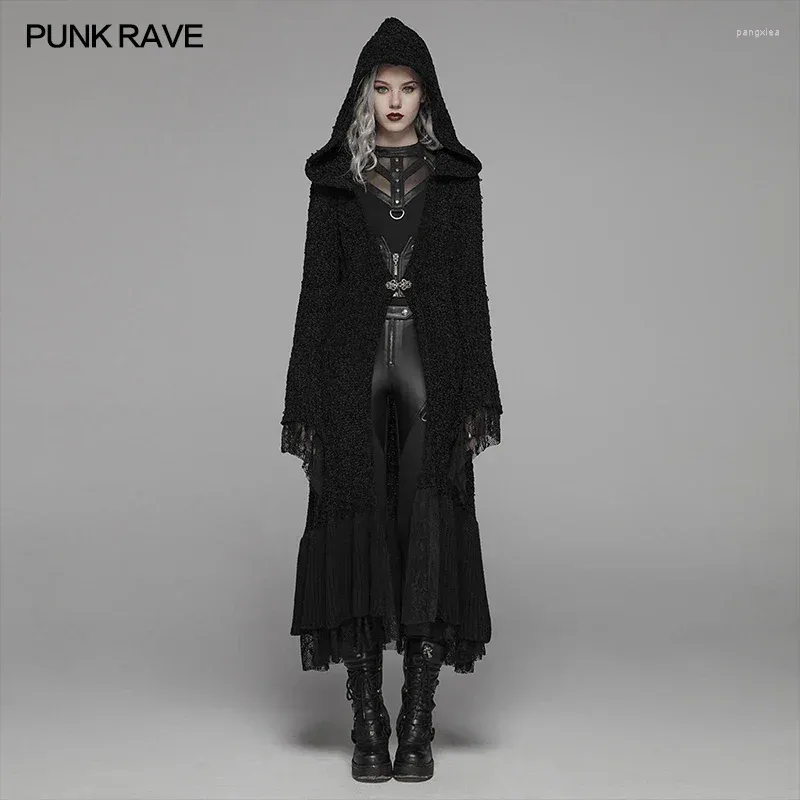 PUNK RAVE Gothic Retro Black Gothic Trench Coat Womens With Hooded 