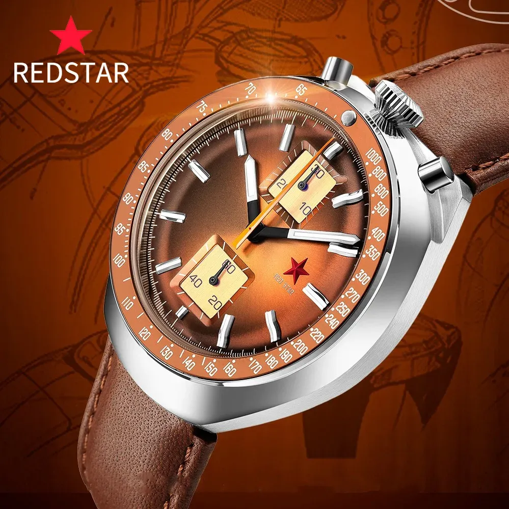 Montre Red Star 42mm Bull Head ST1901 Mouvement de montre 1963 Chronograph Mécanique Hardlex Militaire Lumin Lumin Men de bracelet avec oie