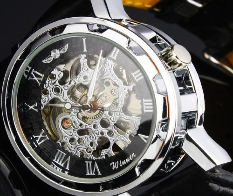 Steampunk New Mens Swiss Design Men039s Silver Skeleton Man Auto Mechanical Watch Mężczyzna sport