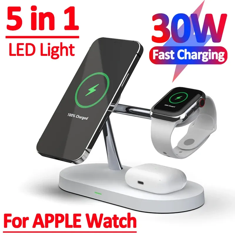 Laddare 30W 5 I 1 Magnetic Wireless Charger Stand MacSafe för iPhone 14 13 12 Pro Max Apple Watch AirPods USB LED Fast Charging Station