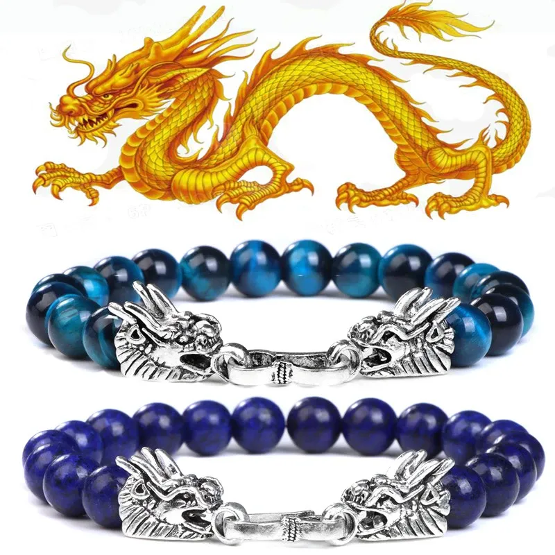 Strängar fengshui draken charm armband för kvinnor män natursten armband 8mm pärlor lapis lazuli tiger eye lava armband lycka till