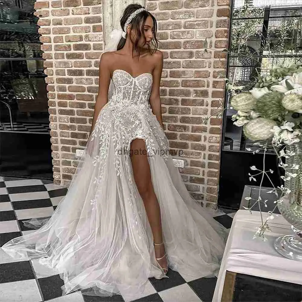 2023 Sexy Beach Boho A Line Wedding Dresses Marriage Bridal Gowns For Bride Elegant Lace Beads Strapless Illusion Sheer Sleeveless High Side Split Princess Plus Size