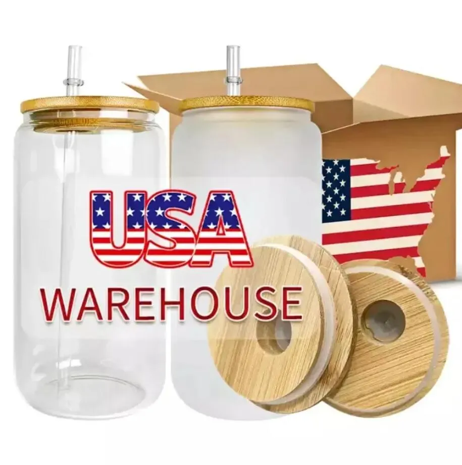 CA US Warehouse 16oz Sublimation Glasses Beer Mugs with Bamboo Lids and Straw Tumblers DIY Blanks Cans Heat Transfer Cocktail Iced Cups Mason Jars GG0423