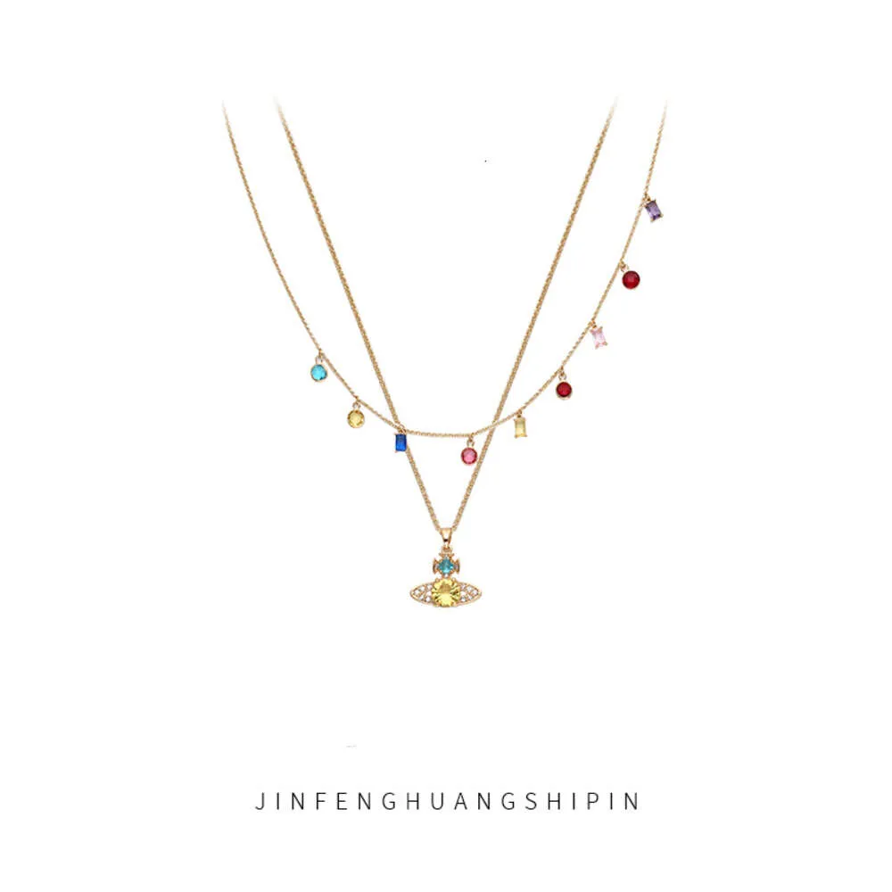 Designer Chain Necklace for Women Empress Dowager's French Layered and Elegant Colorful Saturn Necklace Collarbone Chain Gemstone Pendants Crystal Necklaces