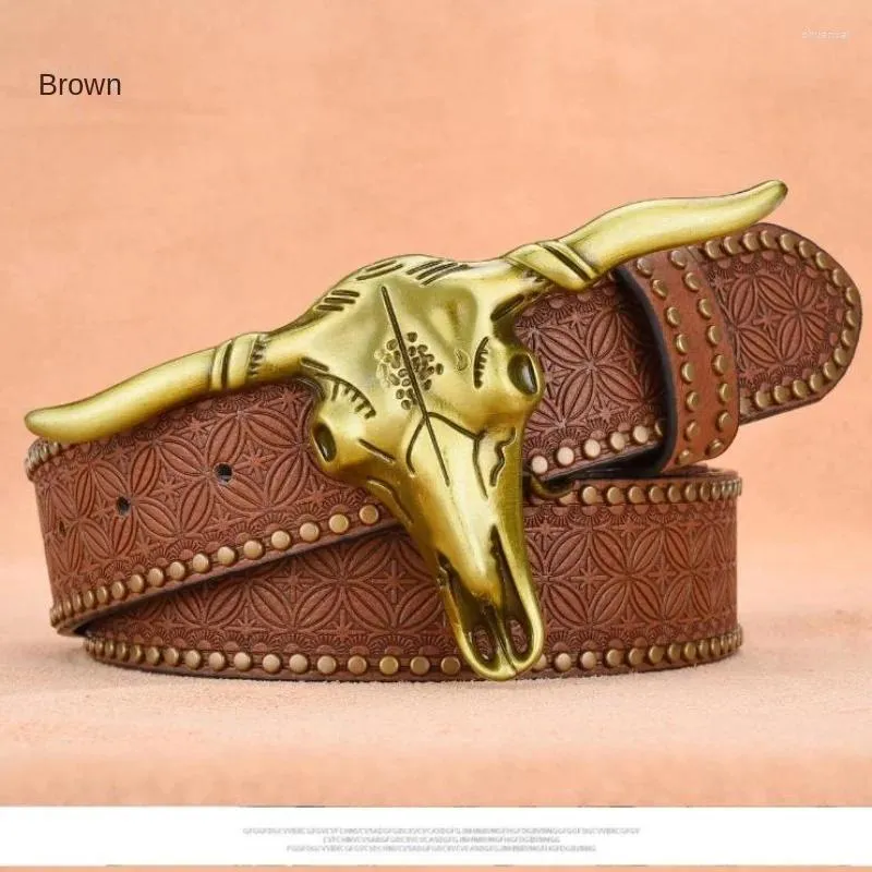 Cow Leather Belt for Men with Embossed Cow Head Metal Buckle and