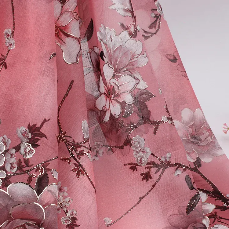 Fabric 150cm Width Soft Deep Pink Plum Printed Bronzing Chiffon Tulle Fabric for Sewing Dress Shirts Clothes Material By the Meter