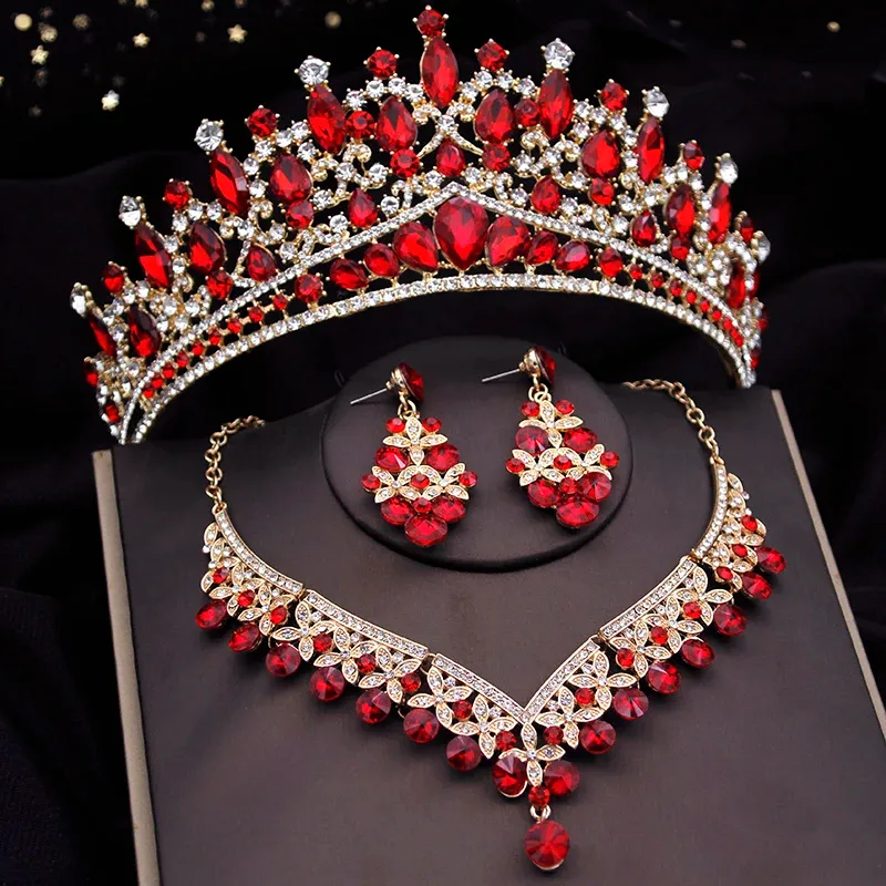 Colliers Red Crystal Crown Wedding Bijoux Ensemble pour femmes Tiaras et Dubaï Collier Boucle d'oreille Heads Bridal Crown Set Accessoire