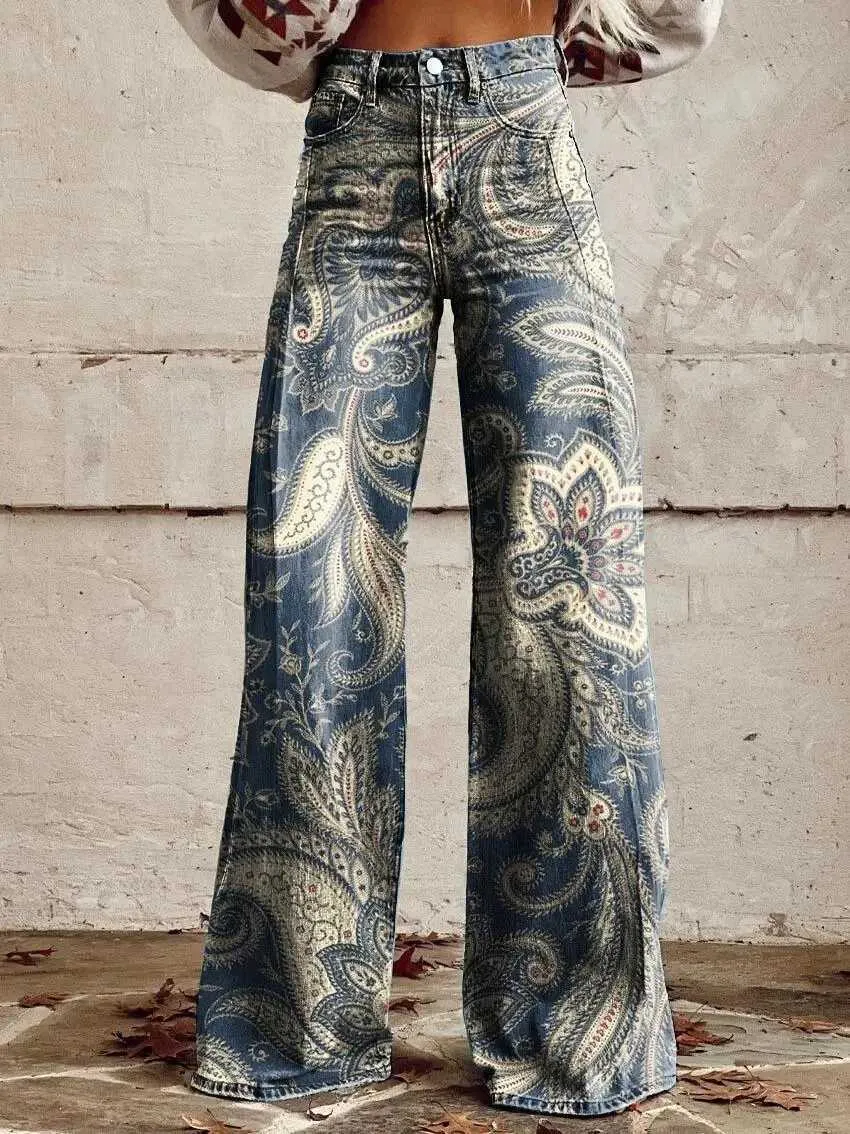 Kvinnors jeans kvinnor trendiga retro breda benbyxor avslappnad fashionabla och bekväma kvinnor långa byxor 3d tryckta avslappnade breda benbyxor y240422