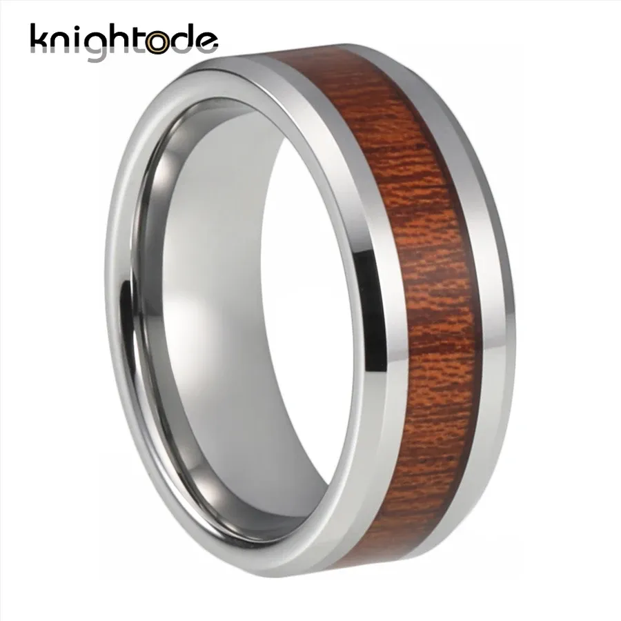 Bandes 8 mm tungstène carbure de bandes de mariage sonnent la nature incrustation en bois pour les hommes anniversaire anniversaire rings biseau