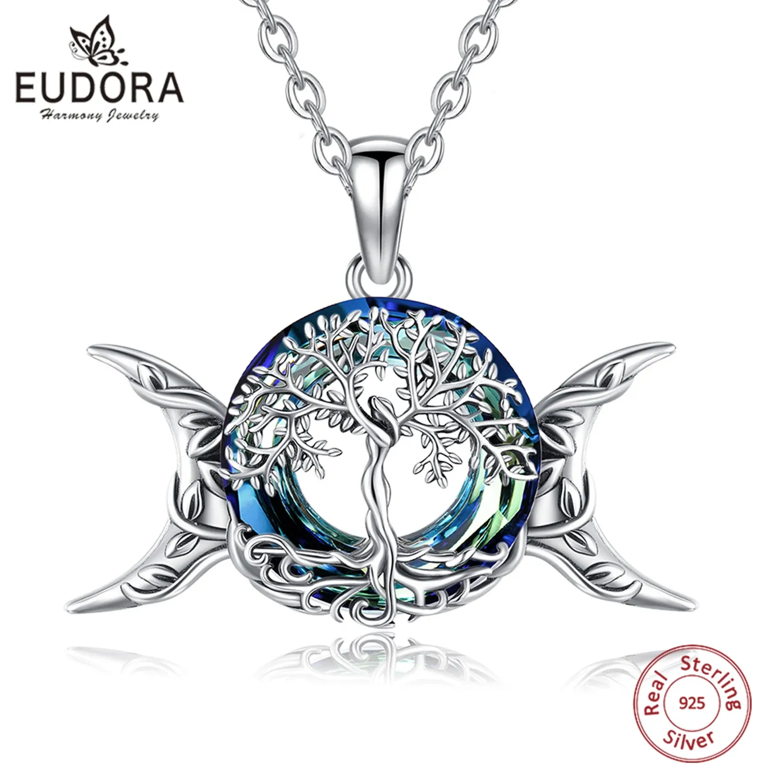 Halsband Eudora 925 Sterling Silver Tree of Life Halsband Fin Triple Moon Goddess Amulet Pendant Österrikisk kristallsmycken Party Gift