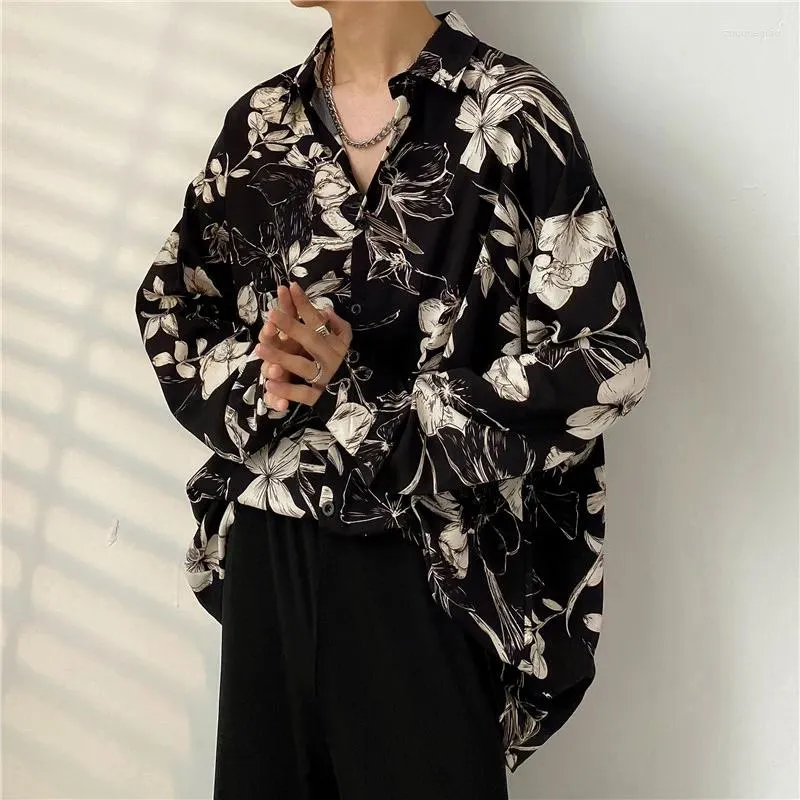 Men's Casual Shirts Summer Floral Shirt Men Fashion Printed Ice Silk Streetwear Loose Long Sleeved Mens Hawaiian M-3XL