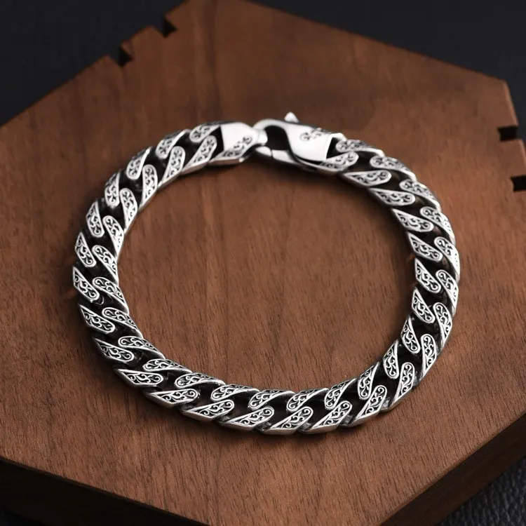 S925 sterling silver Cuban bracelet men's retro trendy birthday gift bracelet light luxury Tang grass pattern men's 9mm bracelet