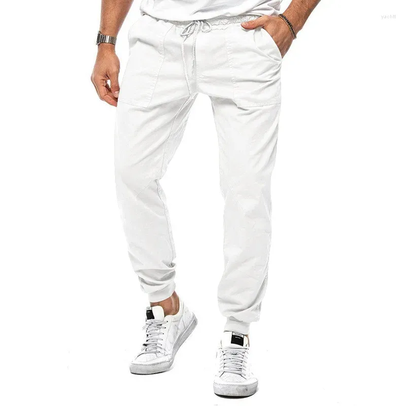Men's Pants Spring Summer Solid Color Fashion Elastic Waist Cargo Man High Street Casual Pockets Drawstring Trousers