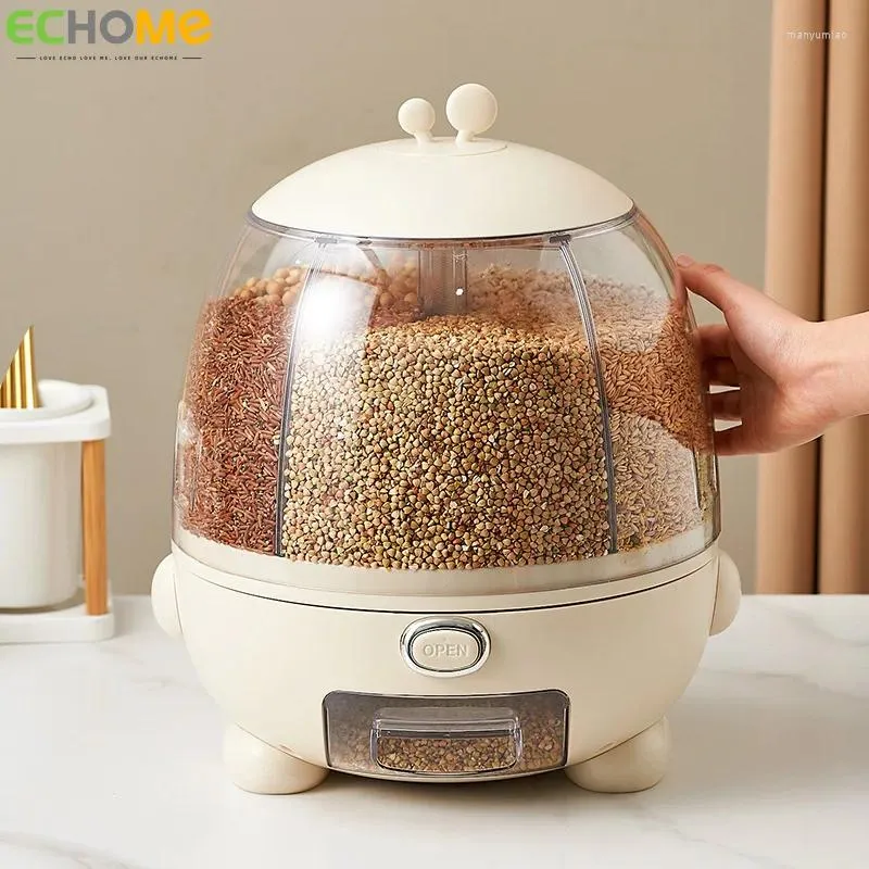 Storage Bottles 360° Rotatable Rice Dispenser Automatic Soybean Corn Coffee Beans Box Sealed Grain Bucket Kitchen Food