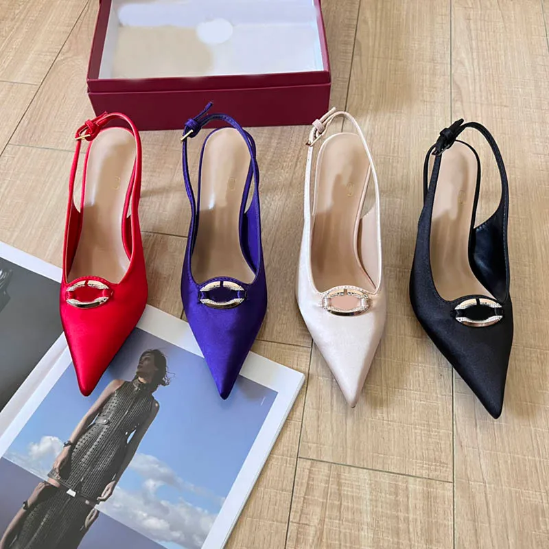 İpek saten moda topuklu ayakkabılar kadın slingback pompa 7cm stiletto topuklu tekne sandaletler tasarımcısı Sandale seksi sivri ayak parmakları ofis elbisesi parti dans elmas tokası