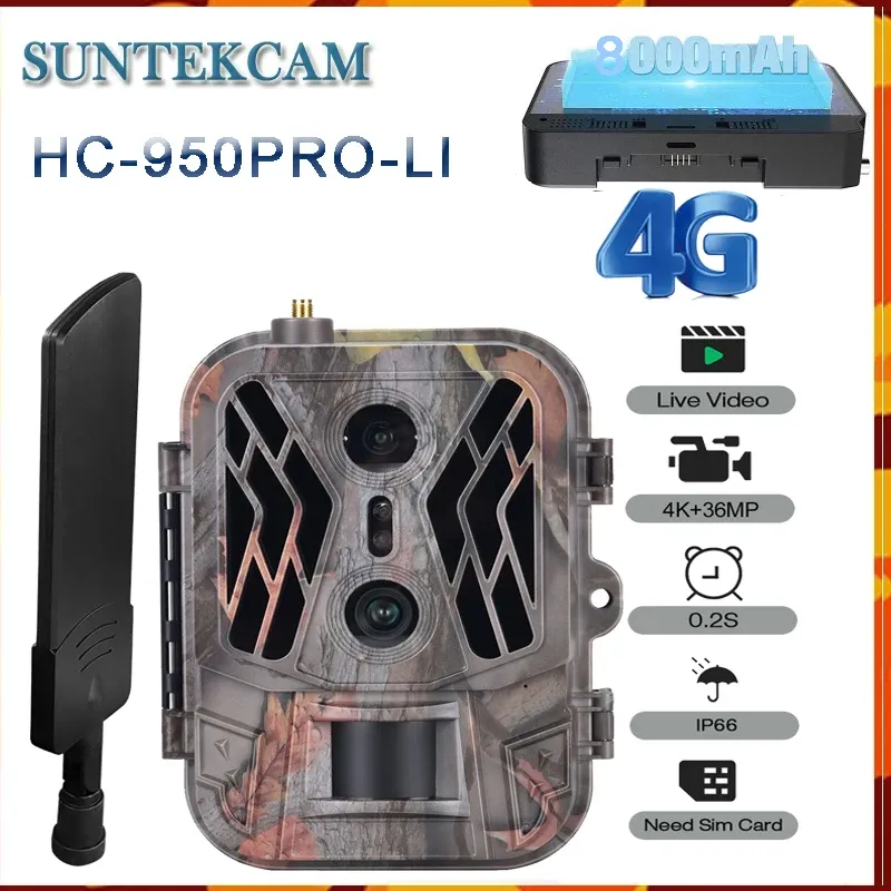 カメラsuntekcamhc950proli 4g live video 8000mah iithium battery cellulareデュアルレンズハンティングトレイルカメラ36mp 4kビデオテレキャメラIP65