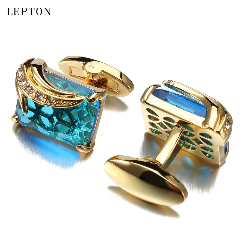 リンクLowkey Luxury Blue Glass Cufflinks for Mens Leptonブランド高品質のスクエアクリスタルカフリンクスシャツリンクリロッ