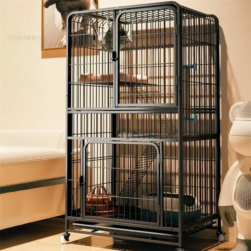 Cages Modern Wrought Iron Cat House Indoor Household Large Capacity Cages Two Layers Luxury Cat Villa Free Space Pet Dog Cage
