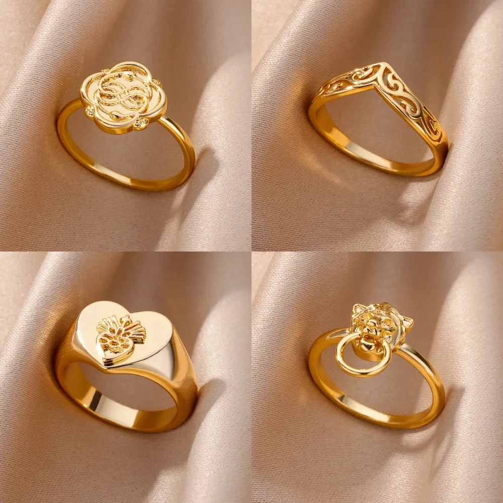 Band rostfritt stål kvinnor ring guld färg smycken tillbehör vintage blomma kärlek par ring för fest bröllopsdag gåva