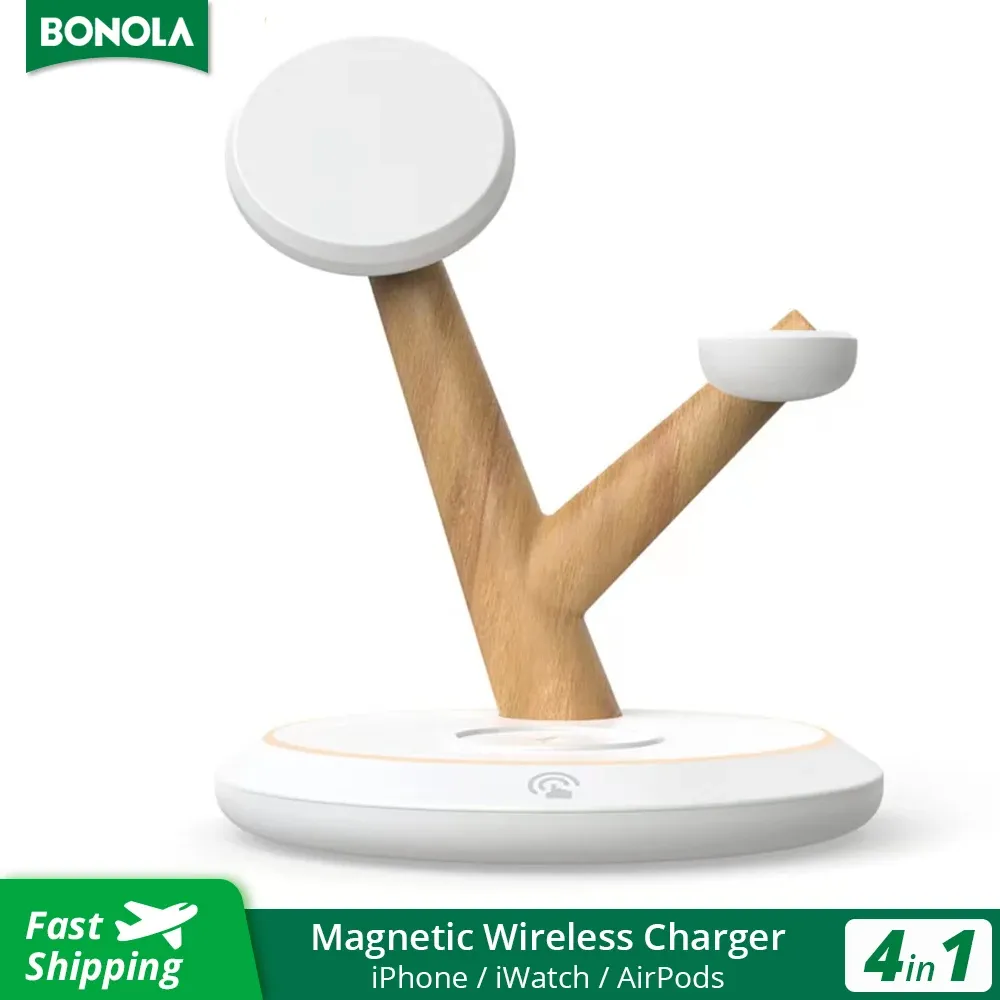 Laddare Bonola Wood Magnetic Wireless Charger 4 i 1 Stand för iPhone 15Pro 13 14 MacSafe Trådlösa laddare för Apple Watch/AirPods Pro