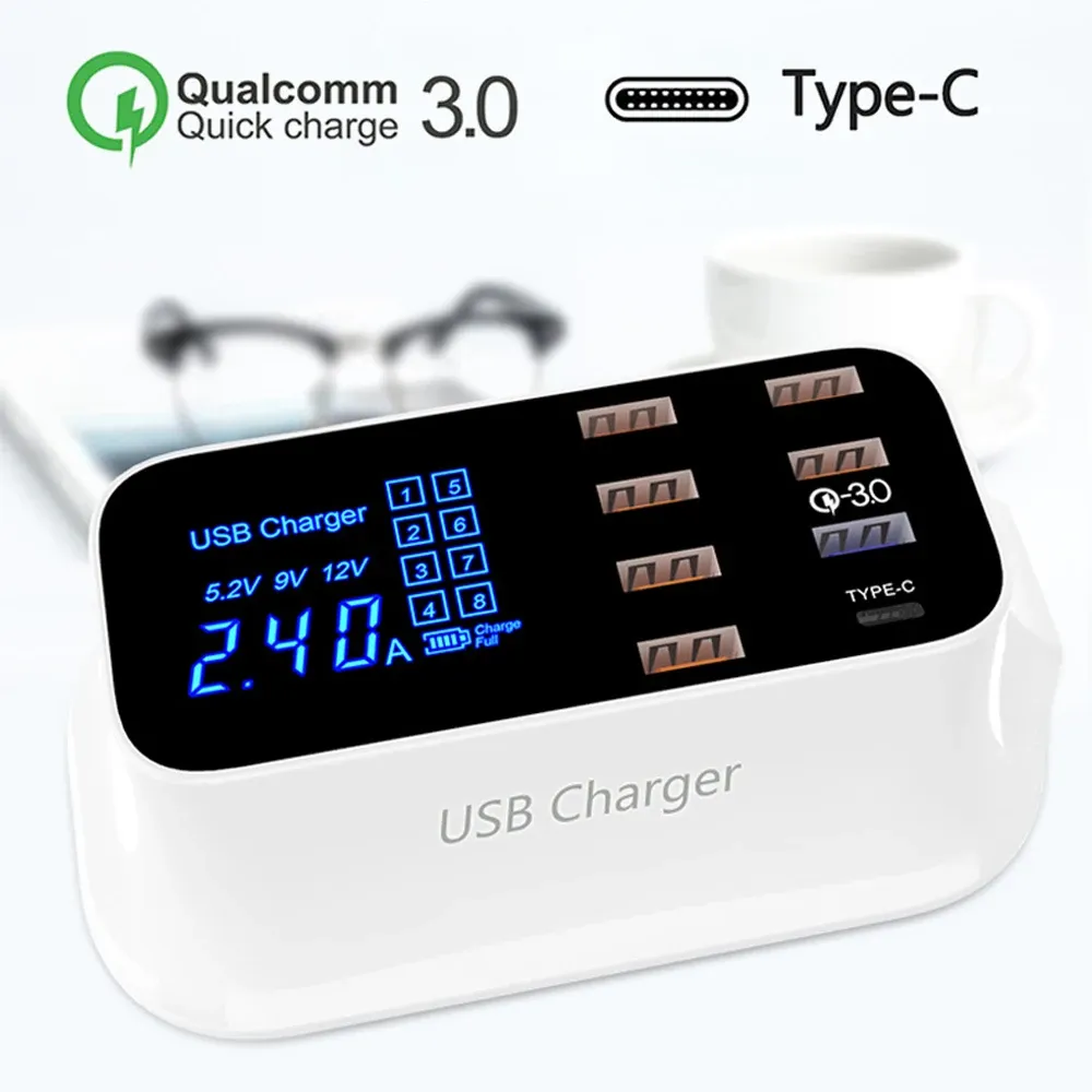 Hubs Quick Charge 3.0 USB Type C Pd Chargeur Station LED Affichage de téléphone à charge rapide Tablette USB CHARGER HUB POUR L'ADAPTATEUR SAMSUNG IPhone