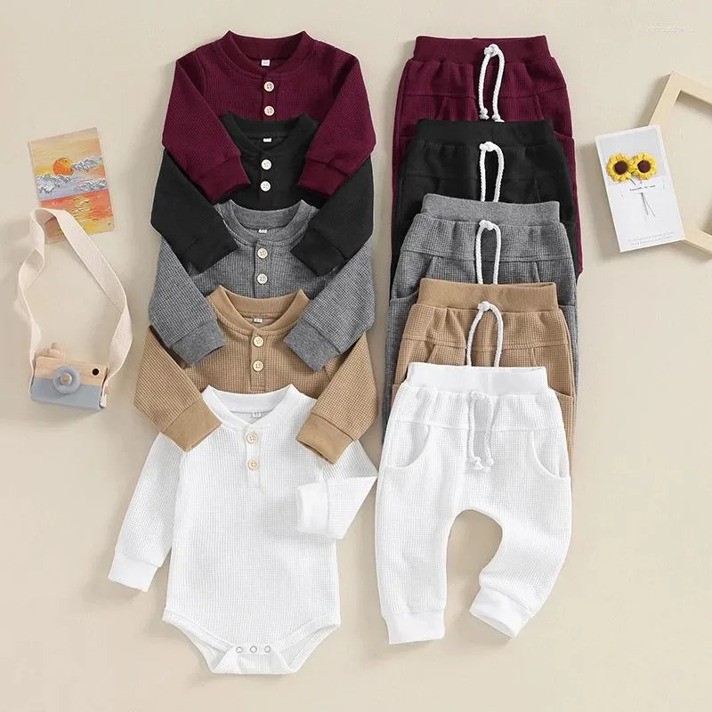 Conjuntos de roupas 0-12m Infant Baby meninos roupas roupas waffle sólido manga comprida BOTYSUITS SUPLOVIL