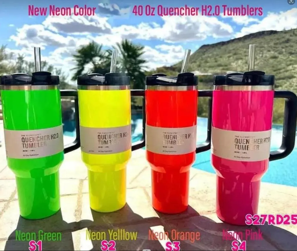 US Stock Neon Colors Pink Parade H2.0 40oz Stainless Steel Tumblers Cups with Silicone handle Lid And Straw Travel Car mugs Keep Drinking Cold Milk Tea Water Bottles