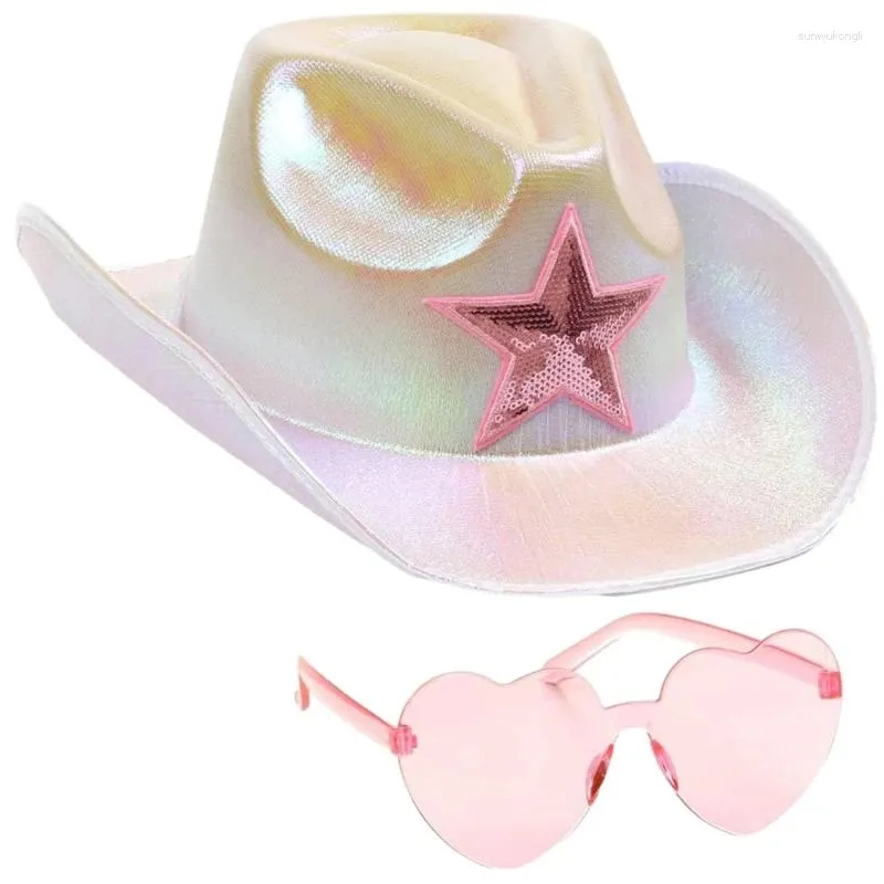 Berets Y1UB 3PCS Frau Herz Sonnenbrille Glitter Pulver Cowboy Hat Set Carnival Outdoor Weitkrempe Braut Fedoras für Poshoots