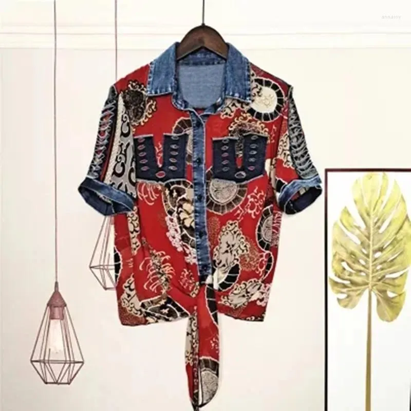 Blouses pour femmes à manches courtes Blouse Summer Denim Chiffon Spliced Shirts Loose Tops Print Shirt Chalecos Para Mujer