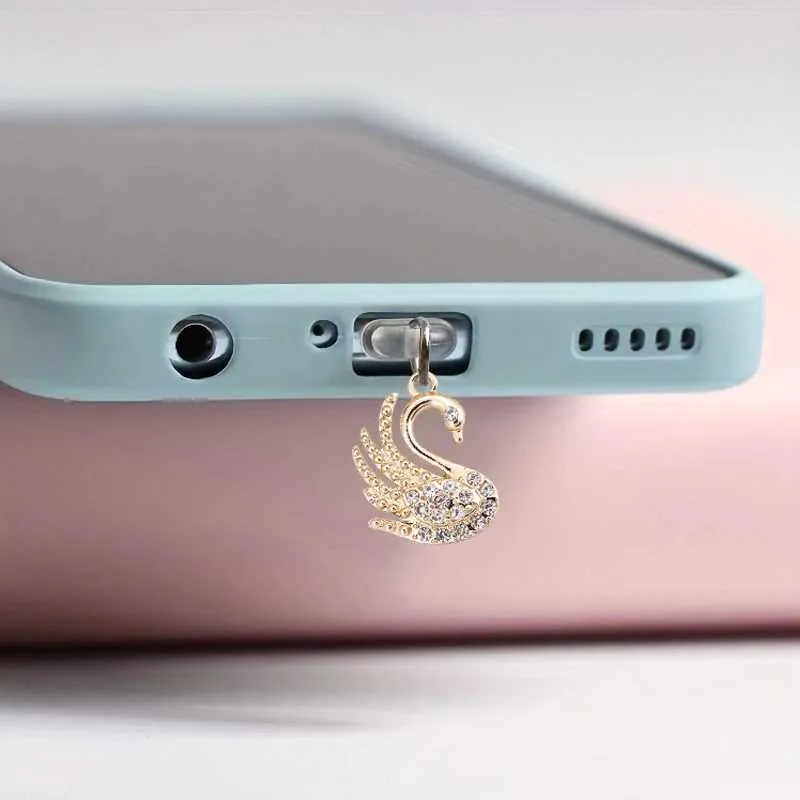 Cell Phone Anti-Dust Gadgets Mobile phone dust plug beautiful swan fashionable alloy diamond pendant data cable charging port plug Y240423