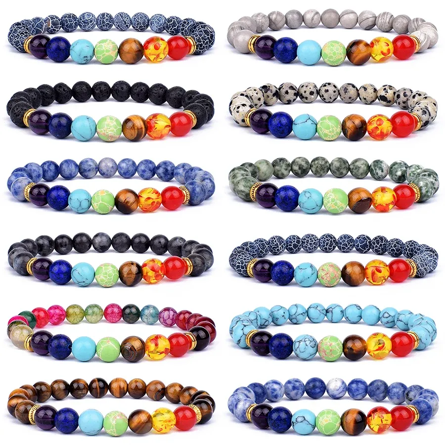 Strands Natural Stone 7 Chakra Bracelets & Bangles Tiger Eye Bead Yoga Balance Bracelet Men New Buddha Prayer Jewelry pulseira masculina